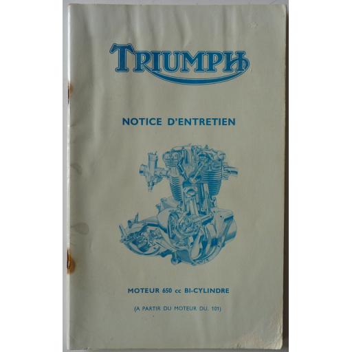 Original Notice D'Entretien - Triumph Moteur 650cc Bi-Cylindre in FRENCH - 1964