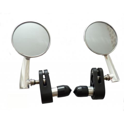 Bar End Mirrors - Billet Alloy - Silver Satin Finish with 3 inch Convex Mirrors - Cafe Racer - Triton