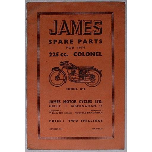 James Spare Parts List/Catalogue/Book for the 225cc Colonel Model K12 - 1954