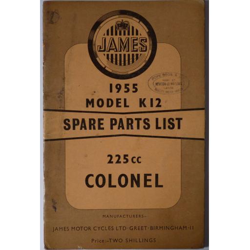 James Colonel 225cc Model K12 Spare Parts List - 1955 catalogue